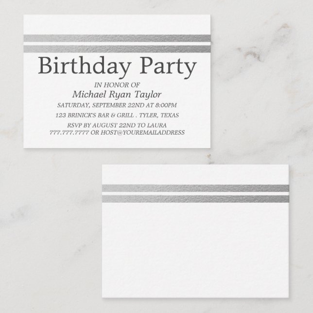 Chic Silver Foil Stripes Birthday Party Ticket (Front/Back)