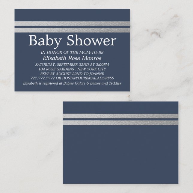 Chic Silver Foil Stripes, Blue Baby Shower Ticket (Front/Back)