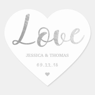 Chic Silver Foil Typography Script Love Wedding Heart Sticker