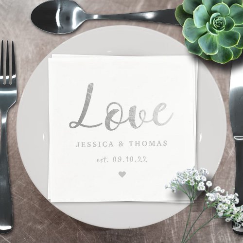 Chic Silver Foil Typography Script Love Wedding Napkins