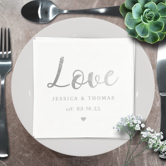 Chic Silver Foil Typography Script Love Wedding Napkins (Creator Uploaded)