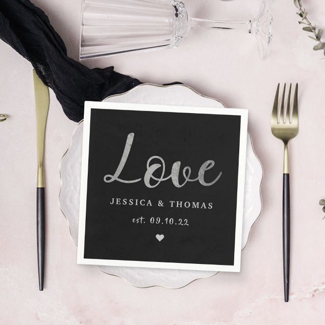 Chic Silver Foil Typography Script Love Wedding Napkins (Creator Uploaded)