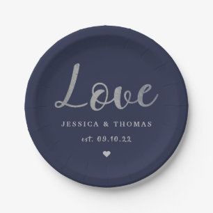 Chic Silver Foil Typography Script Love Wedding Paper Plates