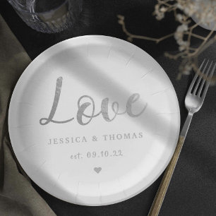 Chic Silver Foil Typography Script Love Wedding Paper Plates