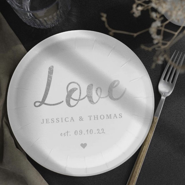 Chic Silver Foil Typography Script Love Wedding Paper Plates (Creator Uploaded)