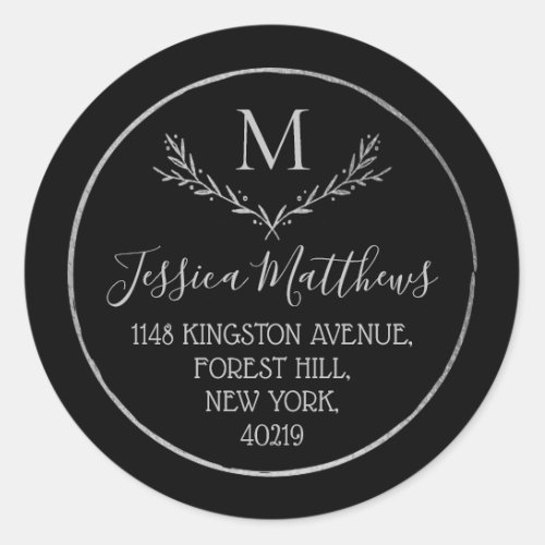 Chic Silver Foil Wreath Monogram Return Address Classic Round Sticker