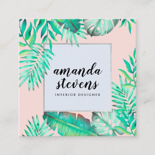 Chic silver frame blush pink watercolor tropical square business card
