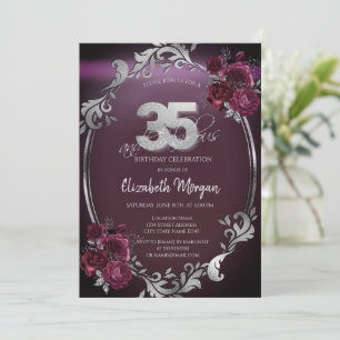 Chic Silver Frame Burgundy Roses 35th Birthday Invitation