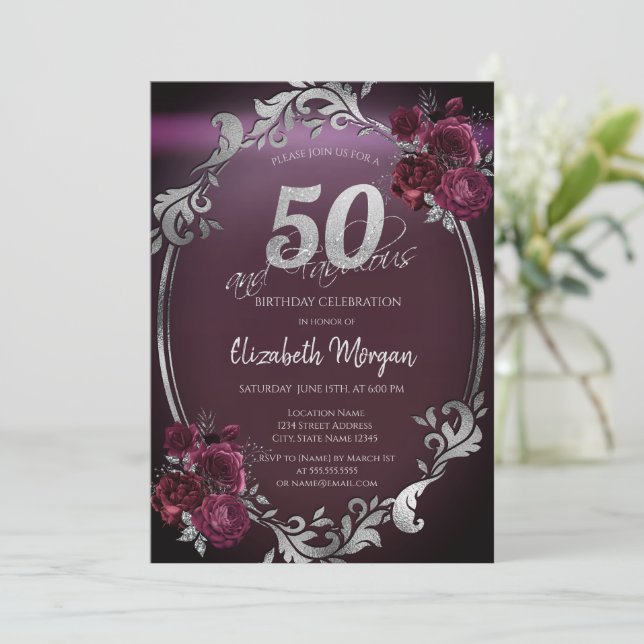 Chic Silver Frame Burgundy Roses 50th Birthday Invitation (Standing Front)
