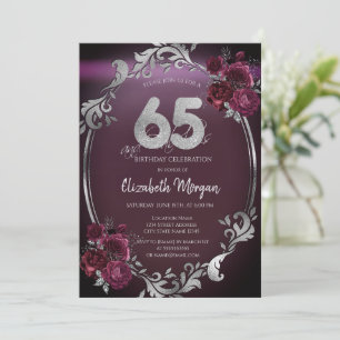 Chic Silver Frame Burgundy Roses 65th Birthday Invitation