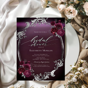 Chic Silver Frame Burgundy Roses Bridal Shower Invitation
