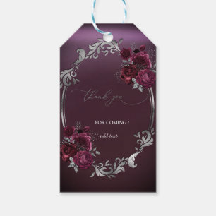 Chic Silver Frame Burgundy Roses Wedding Gift Tags