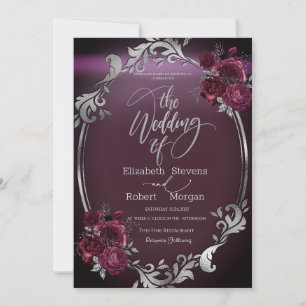 Chic Silver Frame Burgundy Roses Wedding Invitation