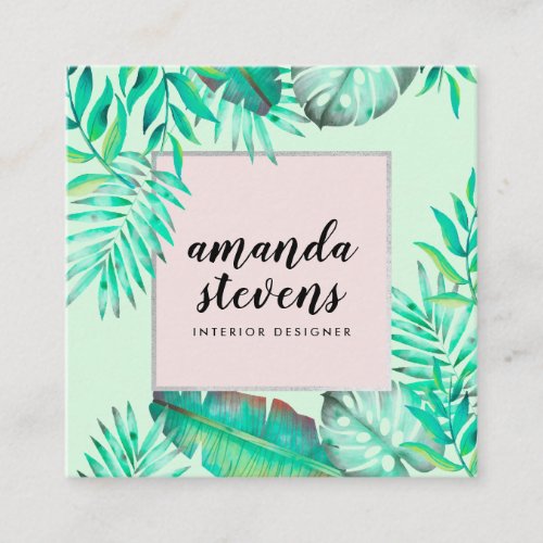 Chic silver frame mint green watercolor tropical square business card