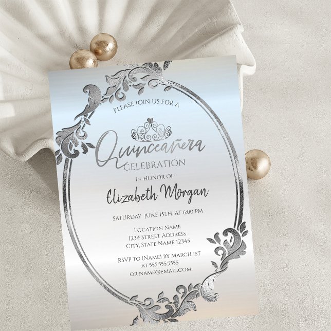 Chic Silver Frame Tiara Quinceañera  Invitation (Creator Uploaded)
