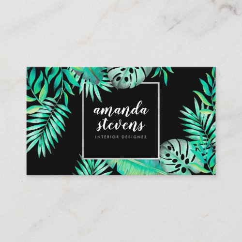 Chic silver frame watercolor tropical green leaves business card