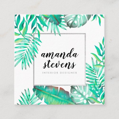 Chic silver frame watercolor tropical green leaves square business card