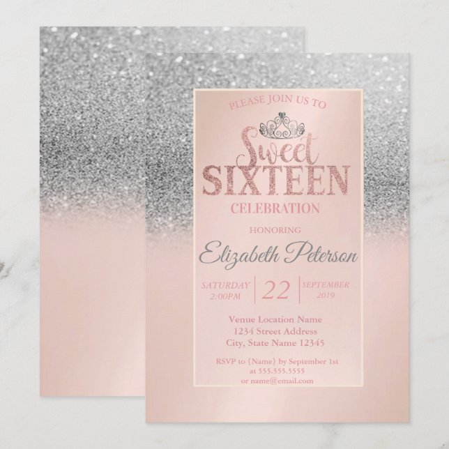 Chic Silver Glitter Bokeh,Tiara Sweet 16 Party Invitation (Front/Back)