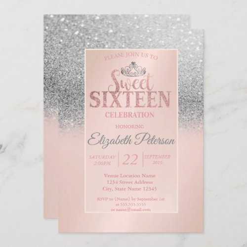 Chic Silver Glitter BokehTiara Sweet 16 Party Invitation