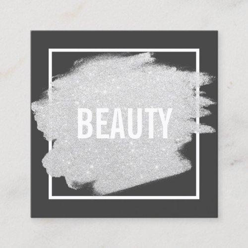 Chic silver glitter brushstroke white black beauty square business card