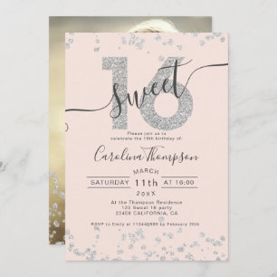 Chic silver glitter confetti blush Sweet 16 photo Invitation