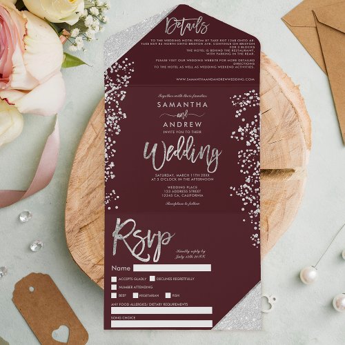 Chic silver glitter confetti burgundy wedding all in one invitation