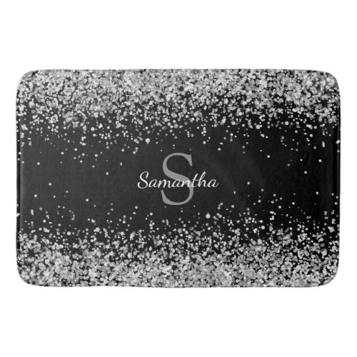 Chic Silver Glitter Confetti Monogram Black Bath Mat