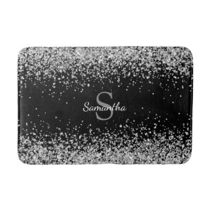 Chic Silver Glitter Confetti Monogram Black Bath Mat