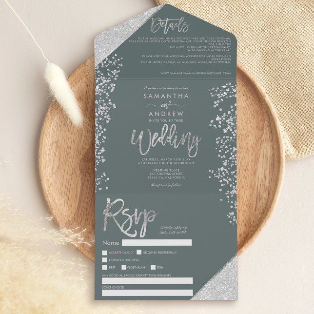Chic silver glitter confetti sage green wedding all in one invitation (Creator Uploaded)