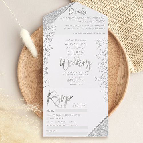 Chic silver glitter confetti white wedding all in one invitation