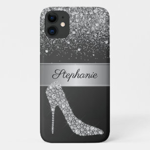 Chic Silver Glitter Diamond High Heel Shoe Name iPhone 11 Case