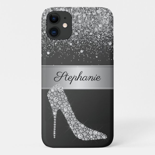Chic Silver Glitter Diamond High Heel Shoe Name Case-Mate iPhone Case (Back)