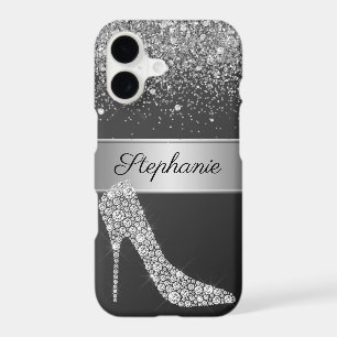Chic Silver Glitter Diamond High Heel Shoe Name iPhone 17 Case