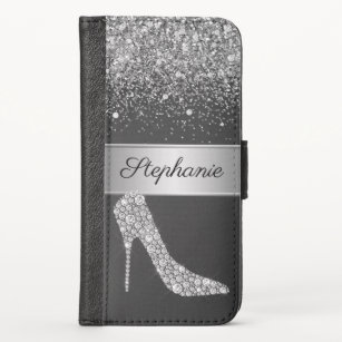 Chic Silver Glitter Diamond High Heel Shoe Name iPhone X Wallet Case
