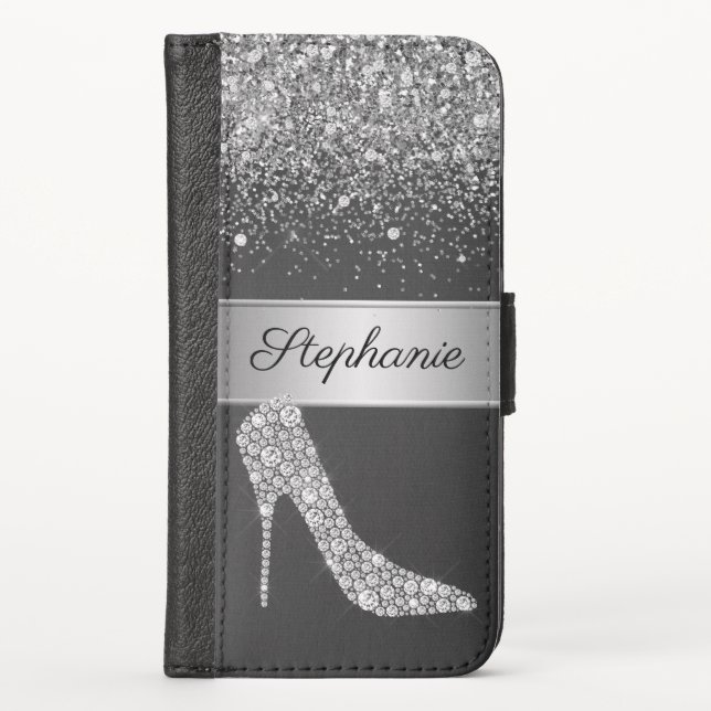 Chic Silver Glitter Diamond High Heel Shoe Name iPhone Wallet Case (Front)