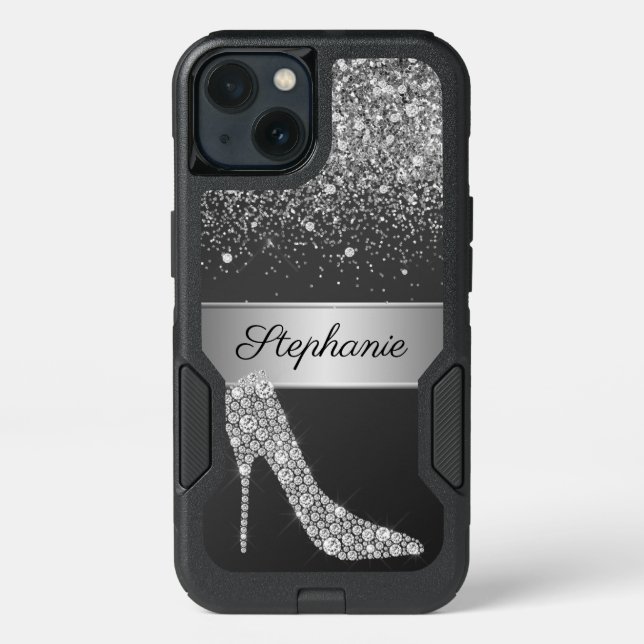 Chic Silver Glitter Diamond High Heel Shoe Name Otterbox iPhone Case (Back)