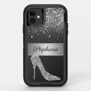 Chic Silver Glitter Diamond High Heel Shoe Name OtterBox Defender iPhone 11 Case