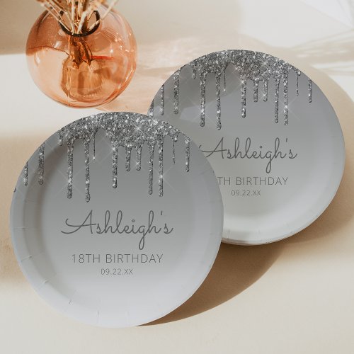 Chic Silver Glitter Drip 18th Birthday Party Paper Plates