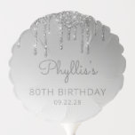 Chic Silver Glitter Drip 80th Birthday Party Balloon<br><div class="desc">This 80th birthday party balloon features a a sparkly silver faux glitter drip border and gray ombre background. Personalize it with the guest of honor's name in gray handwriting script,  with her birthday and date below in sans serif font.</div>