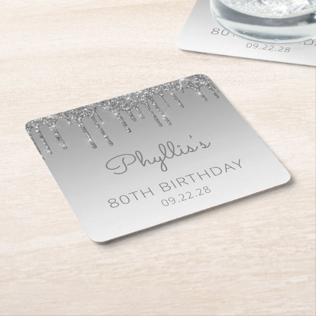 Chic Silver Glitter Drip 80th Birthday Party Square Paper Coaster (Angled)