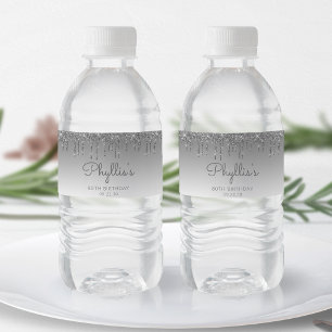Chic Silver Glitter Drip 80th Birthday Party Water Bottle Label