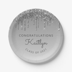 Chic Silver Glitter Drip Graduation Party Paper Plates