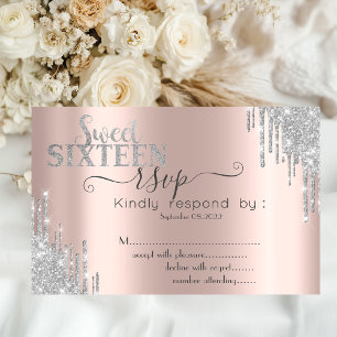 Chic Silver Glitter Drip Rose Gold Sweet 16 RSVP  Invitation