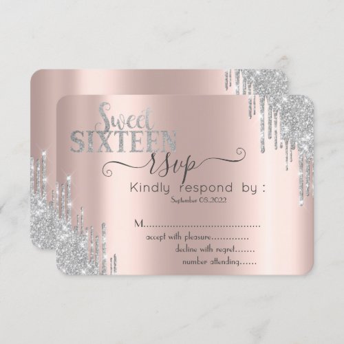  Chic Silver Glitter Drip Rose Gold Sweet 16 RSVP  Invitation