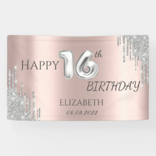 Chic Silver Glitter Drips 16th Birthday Banner