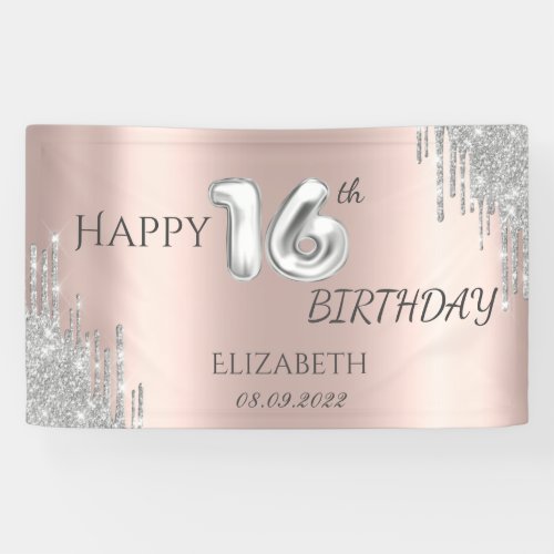 Chic Silver Glitter Drips 16th Birthday   Banner