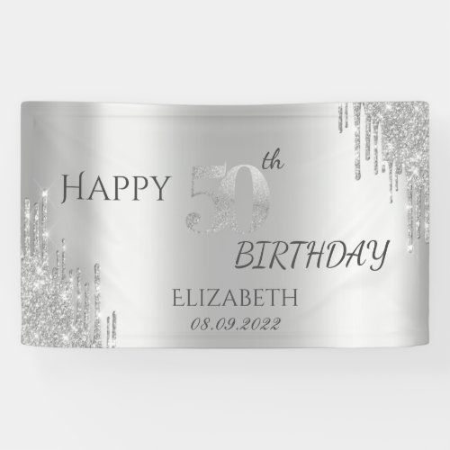 Chic Silver Glitter Drips 50th Birthday  Banner