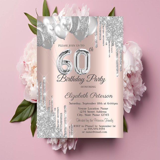 Chic Silver Glitter Drips Balloons 60th Birthday  Invitation (Creator Uploaded)