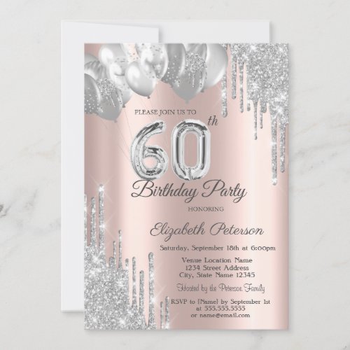 Chic Silver Glitter Drips Balloons 60th Birthday  Invitation