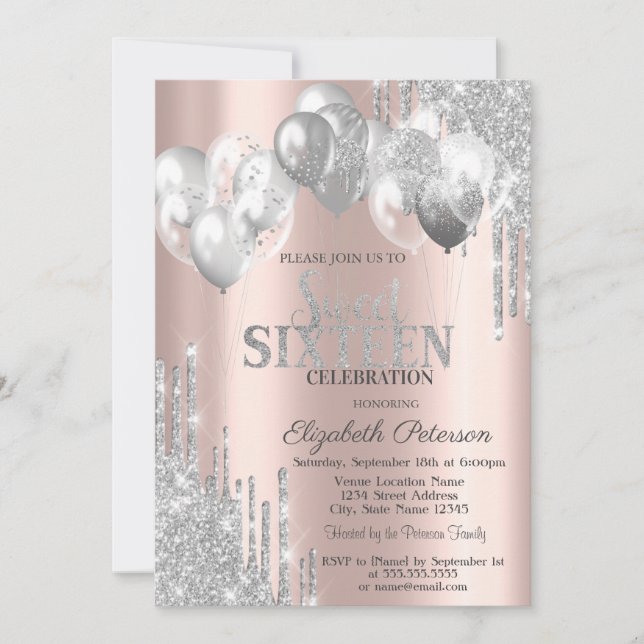 Chic Silver Glitter Drips Balloons Sweet 16 Invitation (Front)